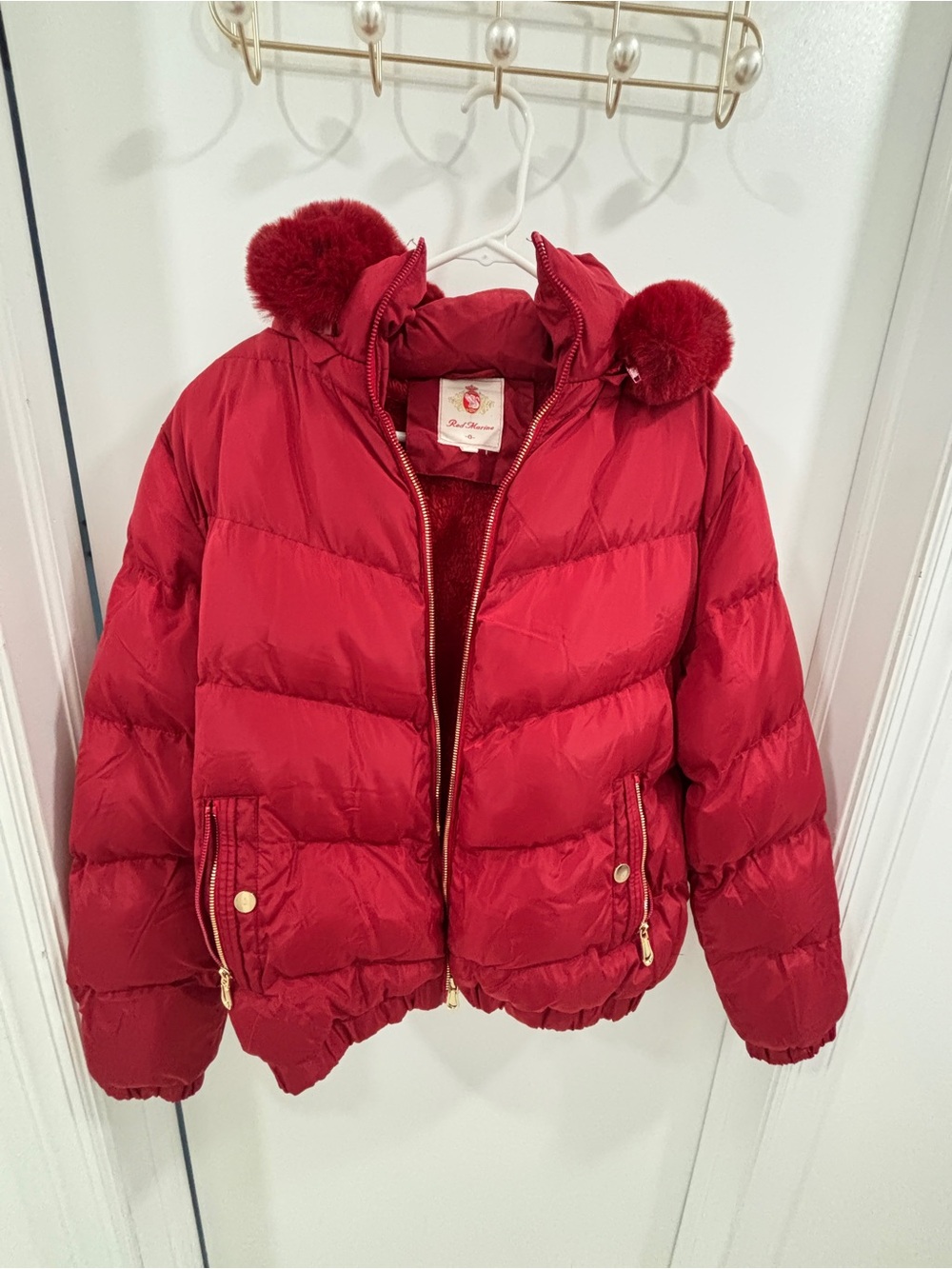 Girls' Red Puffer Jacket with Pom-Trim Hood